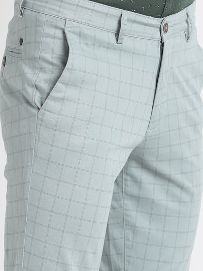 Cotton Stretch Light Blue Checkered Narrow Fit Flat Front Casual Trouser