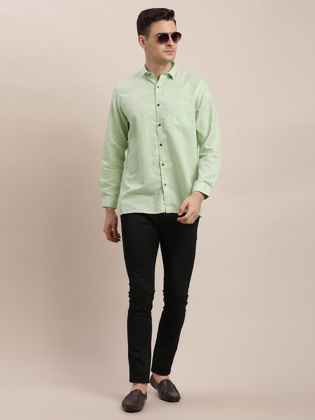 Cotton Linen Pista Green Printed Regular Fit Full Sleeve Formal Shirt