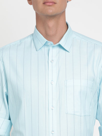 100% Cotton Aqua Blue Striped Regular Fit Full Sleeve Formal Shirt