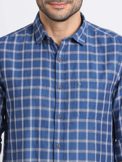 Cotton Linen Blue Checkered Slim Fit Full Sleeve Casual Shirt