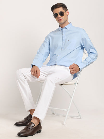 100% Cotton Light Blue Plain Slim Fit Full Sleeve Casual Shirt