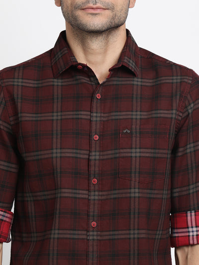 100% Cotton Maroon Checkered Slim Fit Full Sleeve Casual Shirt