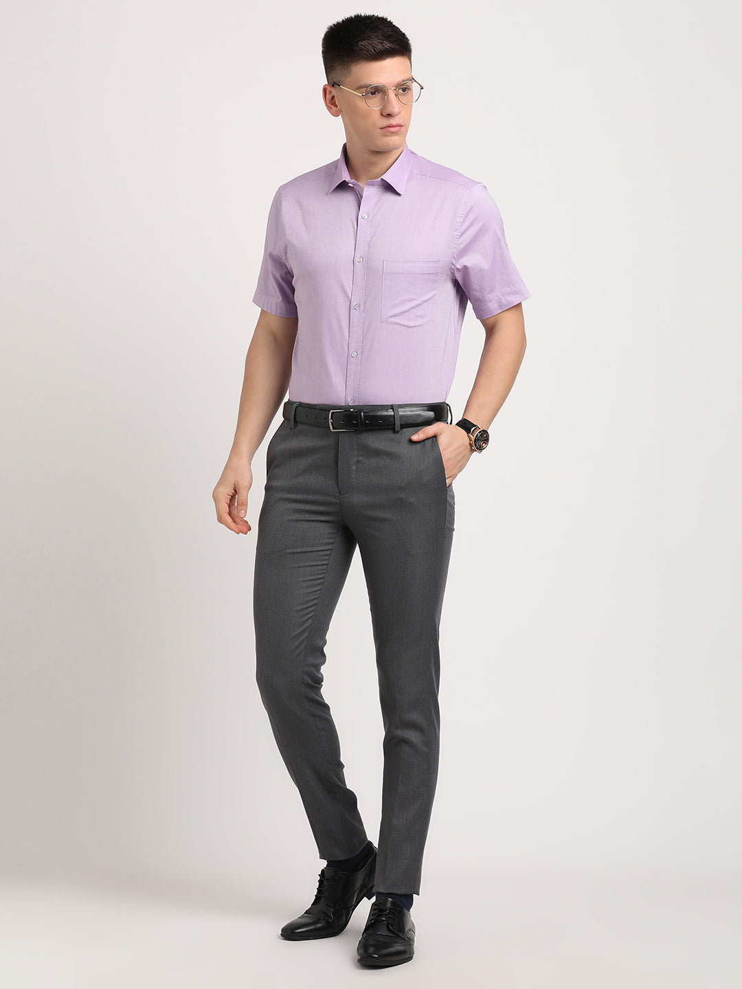 100% Cotton Purple Plain Slim Fit Half Sleeve Formal Shirt