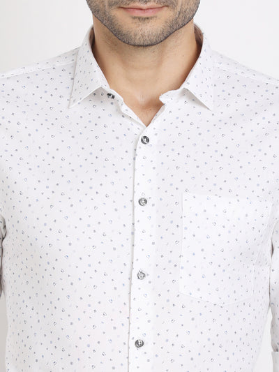 100% Cotton White Printed Regular Fit Full Sleeve Formal Shirt