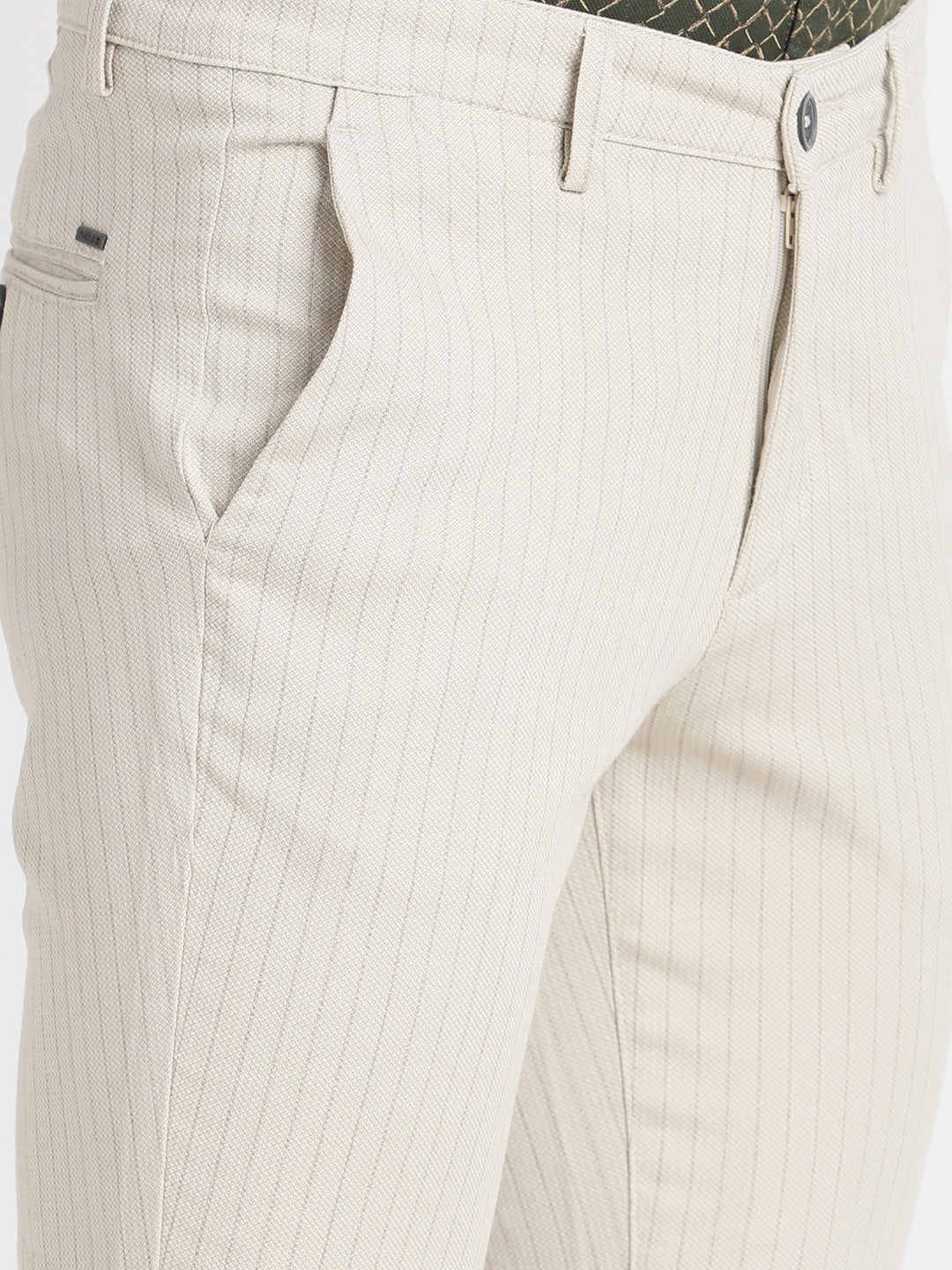 Cotton Stretch Beige Dobby Narrow Fit Flat Front Casual Trouser