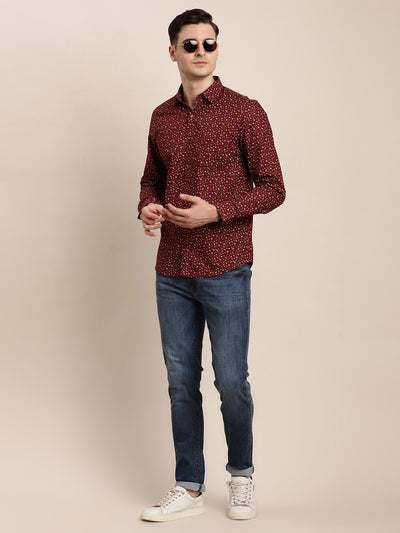 100% Cotton Maroon Printed Slim Fit Full Sleeve Formal Shirt