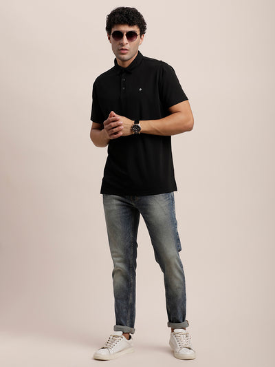 Cotton Plain Black Polo Neck T-Shirt