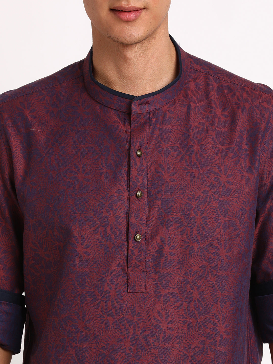 100% Cotton Burgundy Jacquard Kurta Full Sleeve Ceremonial Shirt