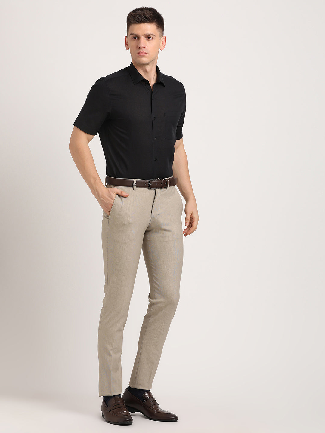 Cotton Linen Black Plain Slim Fit Half Sleeve Formal Shirt