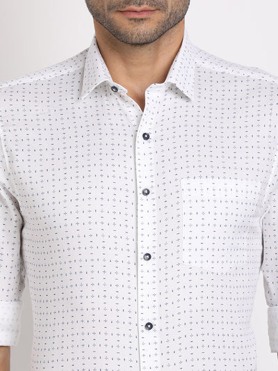 100% Cotton White Printed Slim Fit Full Sleeve Formal Shirt