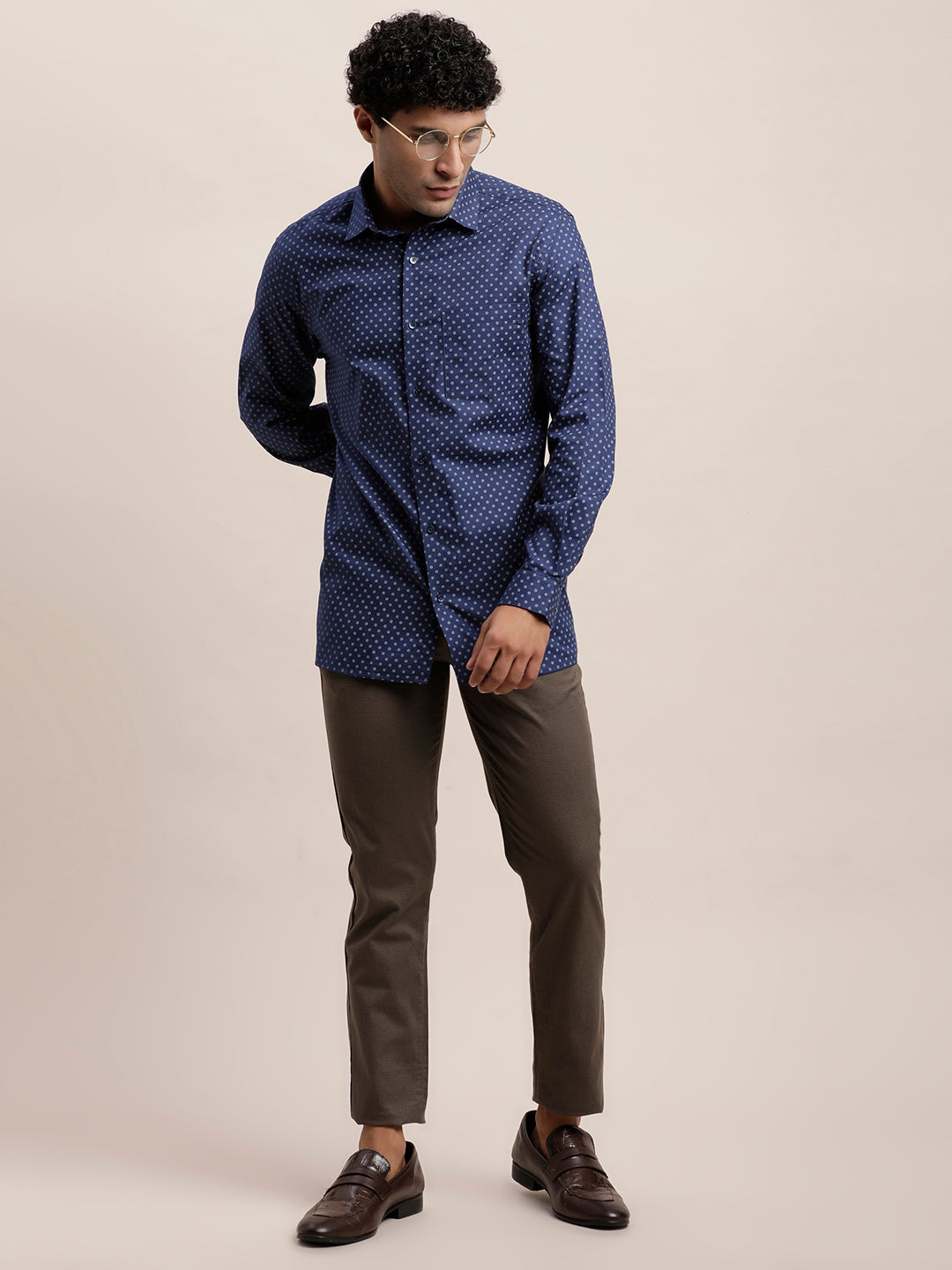 100% Cotton Blue Printed Regular Fit Full Sleeve Formal Shirt