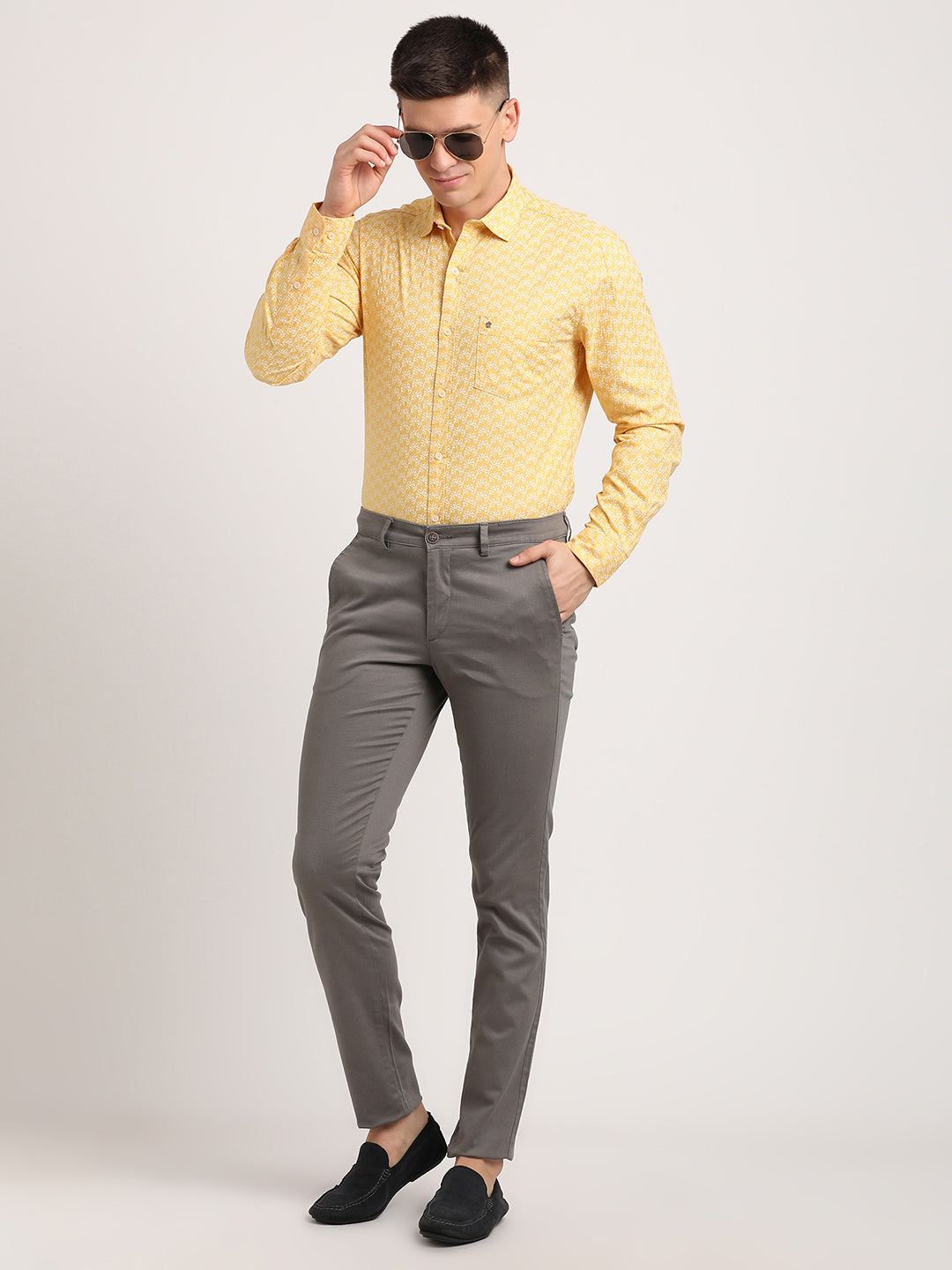 100% Cotton Yellow Printed Slim Fit Full Sleeve Casual Shirt