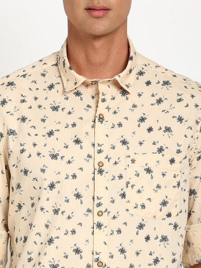 100% Cotton Beige Printed Slim Fit Full Sleeve Casual Shirt