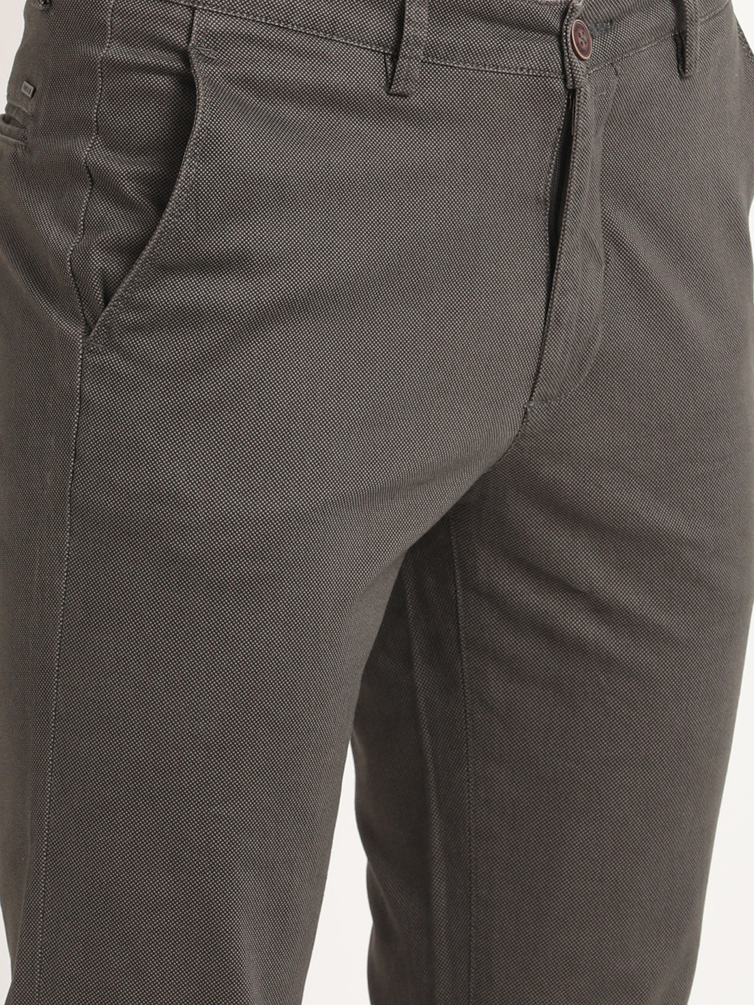 Cotton Stretch Dark Grey Dobby Narrow Fit Flat Front Casual Trouser