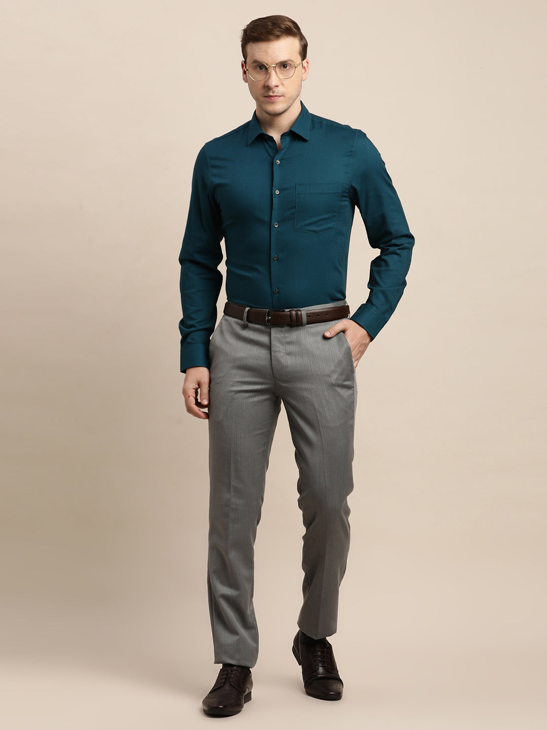 100% Cotton Green Dobby Slim Fit Full Sleeve Formal Shirt