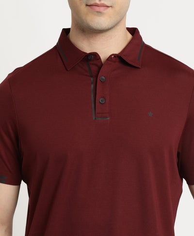 Knitted Maroon Printed Polo Neck Half Sleeve Casual T-Shirt