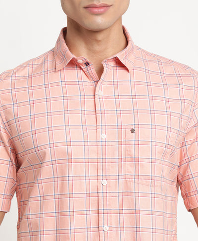 100% Cotton Peach Checkered Slim Fit Half Sleeve Casual Shirt