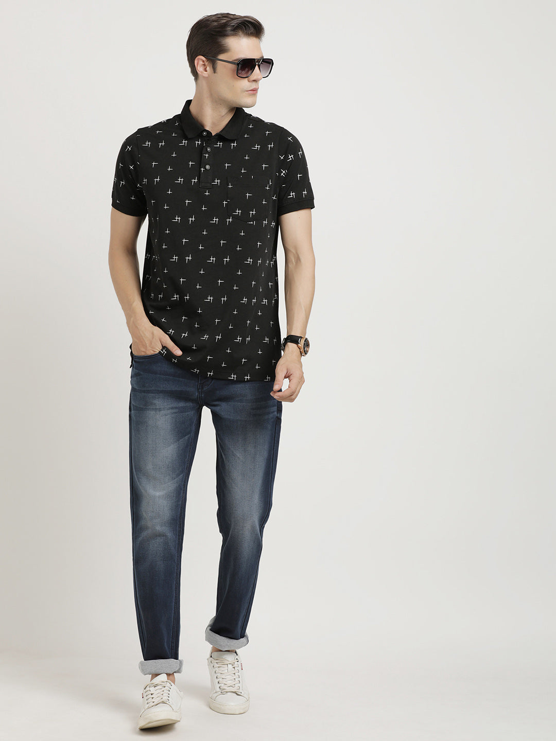 Cotton Stretch Black Printed Polo Neck Half Sleeve Casual T-Shirt