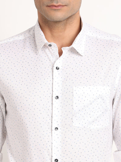 100% Cotton White Printed Slim Fit Full Sleeve Formal Shirt