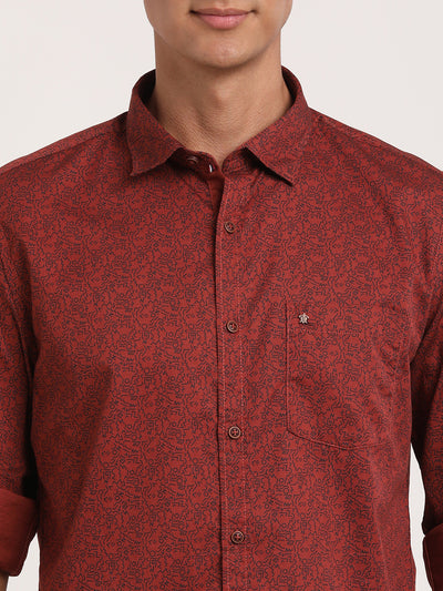 Pure Cotton Maroon Printed Slim Fit Casual Shirts