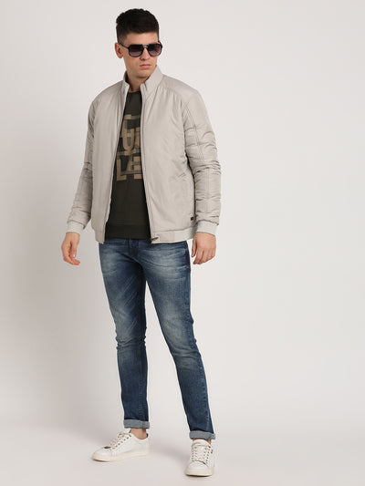 Polyester Solid Heather Grey Zipper Windcheater Jacket