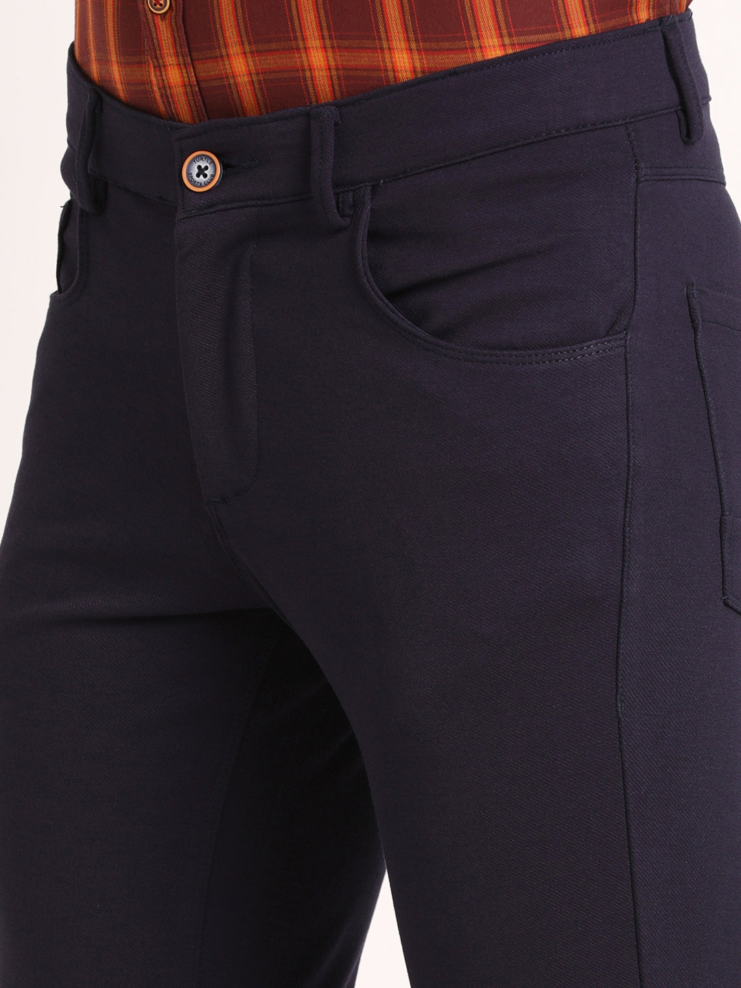 Cotton Navy Blue Plain Narrow Fit Flat Front Casual Trouser