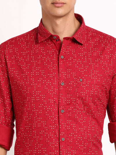 100% Cotton Red Printed Slim Fit Full Sleeve Casual Shirt