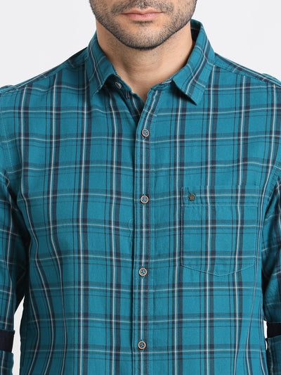 100% Cotton Blue Checkered Slim Fit Full Sleeve Casual Shirt