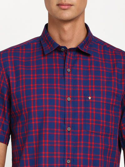 100% Cotton Navy Blue Checkered Slim Fit Half Sleeve Casual Shirt