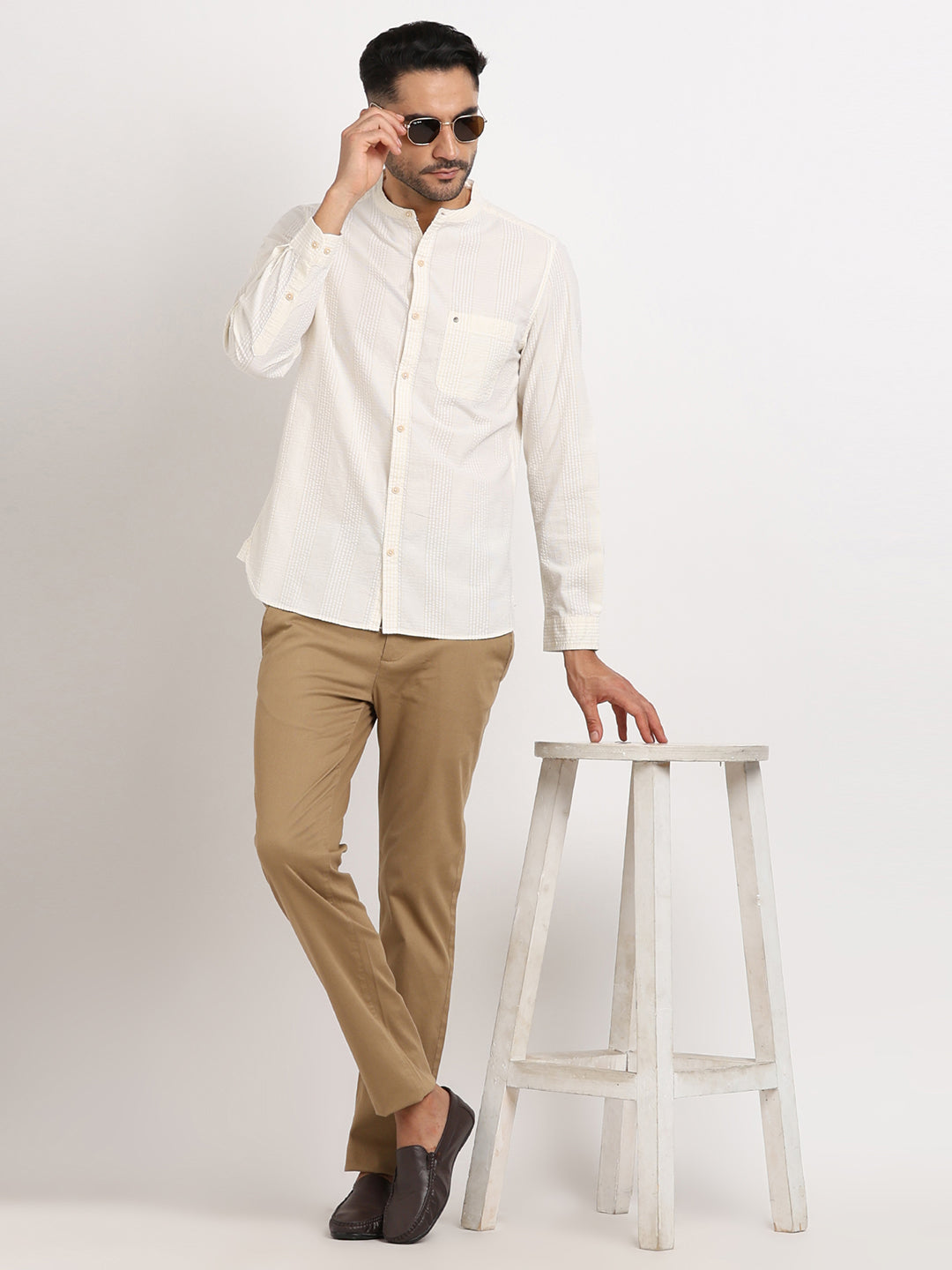 100% Cotton Beige Dobby Slim Fit Mandarin Collar Casual Shirt