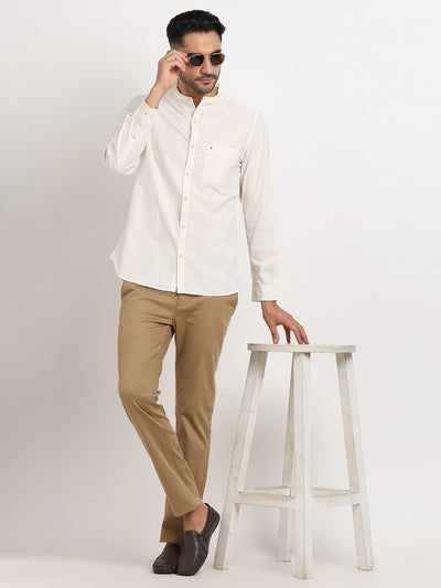 100% Cotton Beige Dobby Slim Fit Mandarin Collar Casual Shirt