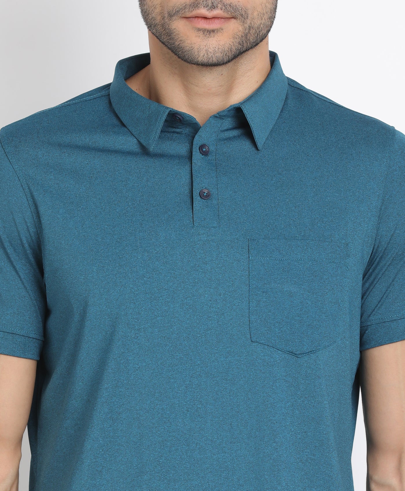 Poly Spandex Melange Teal Blue Plain Polo Neck Half Sleeve Active Essential T-Shirt