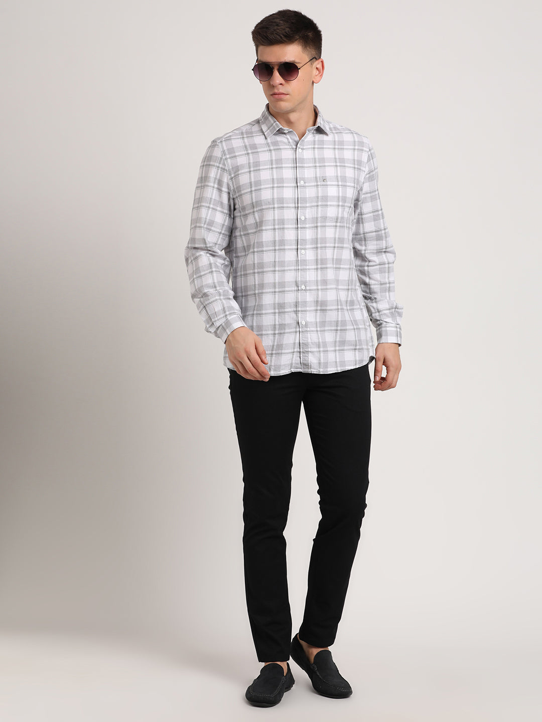 Cotton Melange Grey Checkered Slim Fit Full Sleeve Casual Shirt