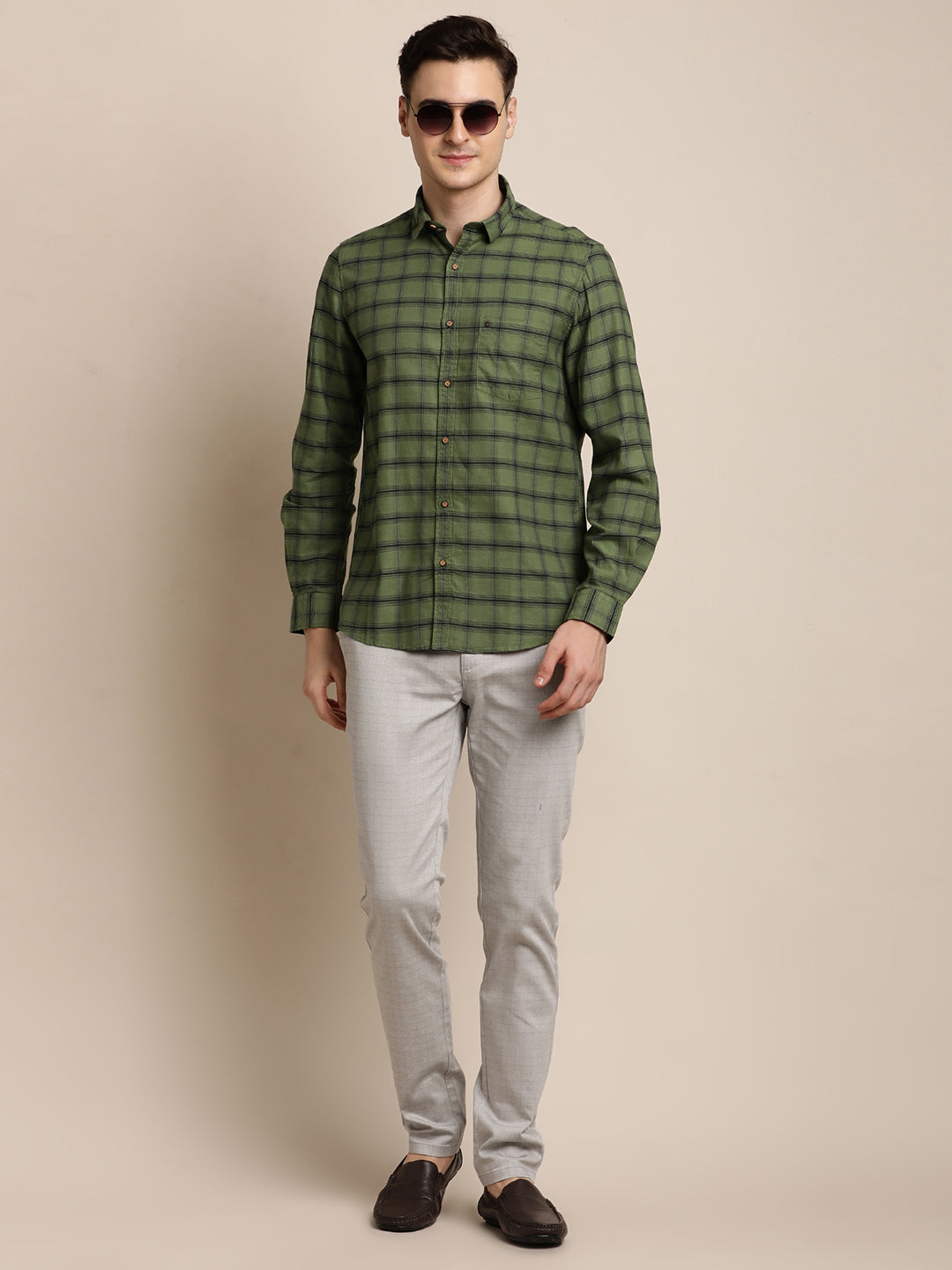 100% Cotton Green Checkered Slim Fit Full Sleeve Casual Shirt