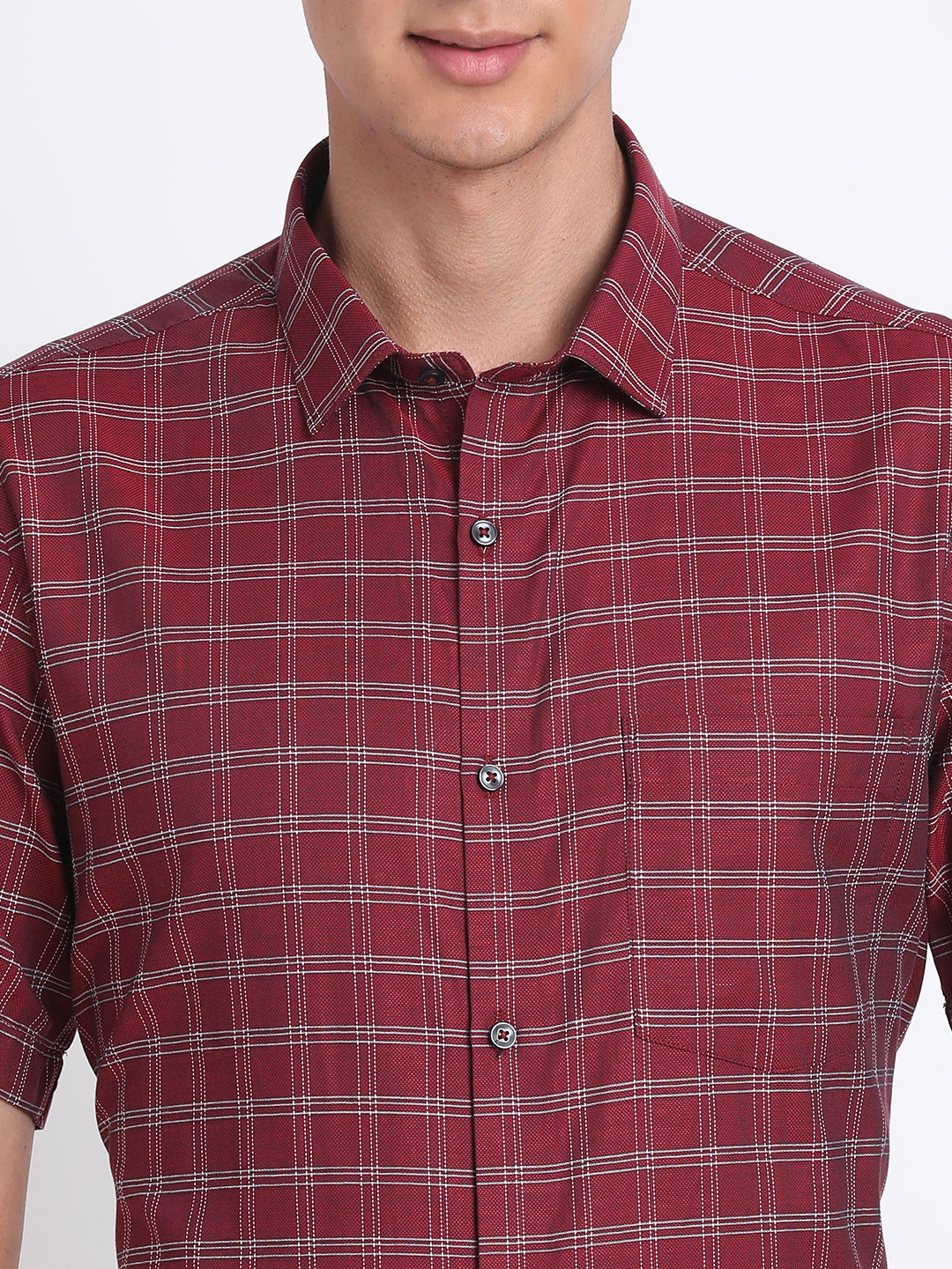 100% Cotton Maroon Checkered Regular Fit Half Sleeve Formal Shirt