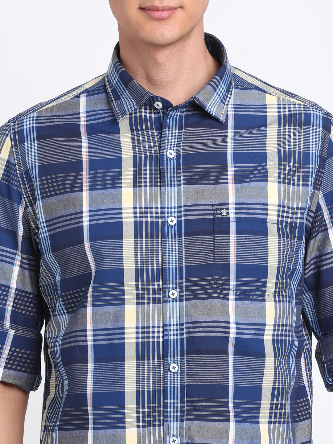 100% Cotton Blue Checkered Slim Fit Full Sleeve Casual Shirt