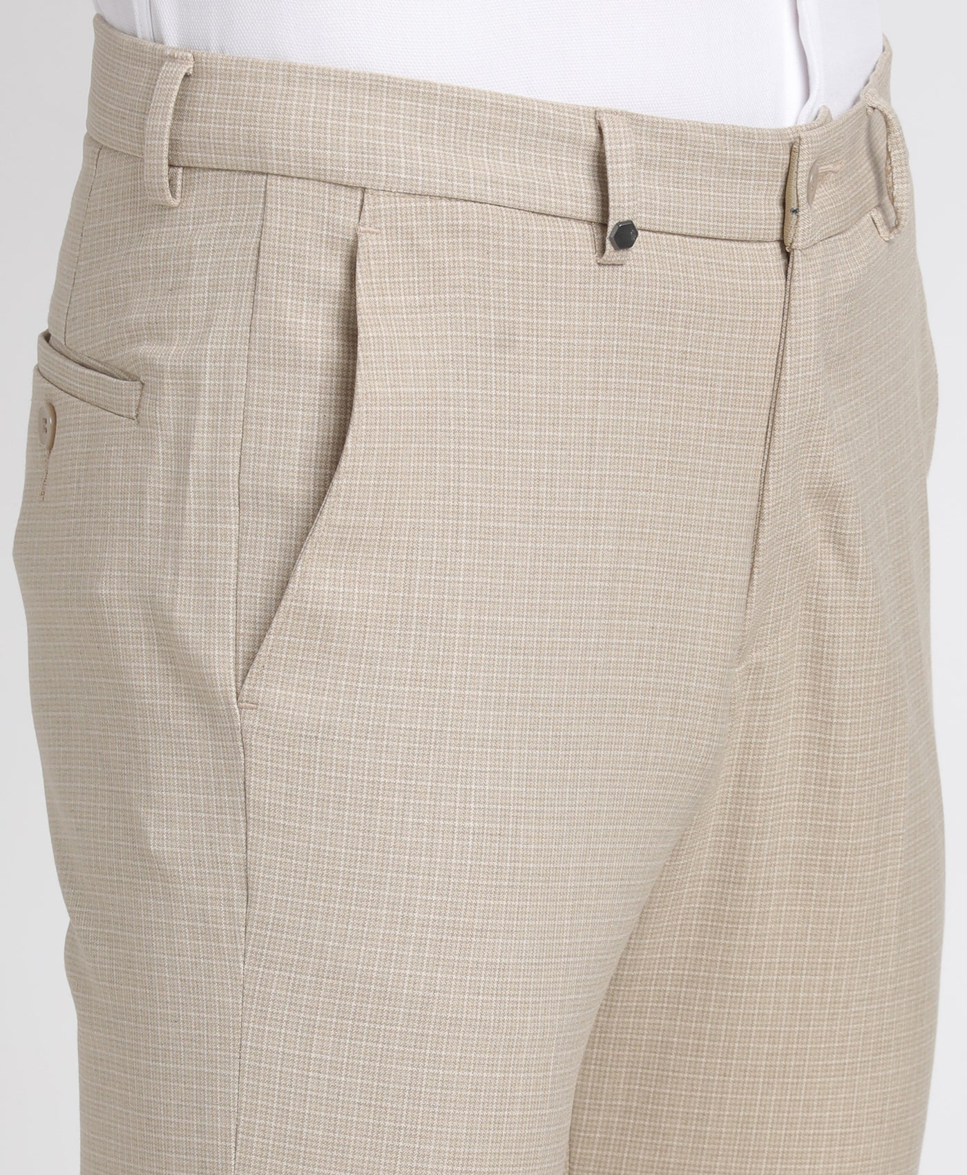 Cotton Stretch Beige Checkered Ultra Slim Fit Flat Front Formal Trouser