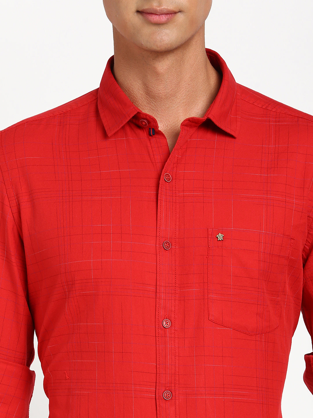 100% Cotton Red Checkered Slim Fit Full Sleeve Casual Shirt