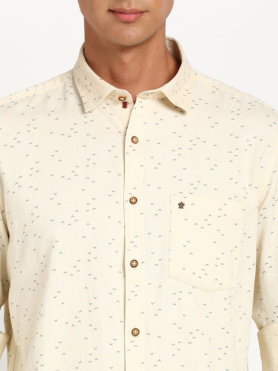 100% Cotton Beige Printed Slim Fit Full Sleeve Casual Shirt