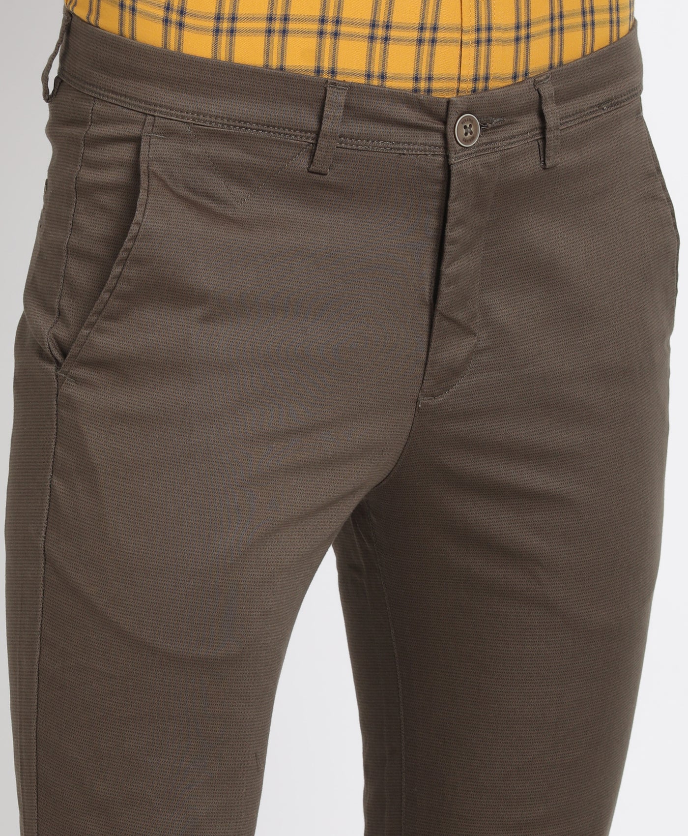 Cotton Stretch Brown Printed Narrow Fit Flat Front Casual Trouser