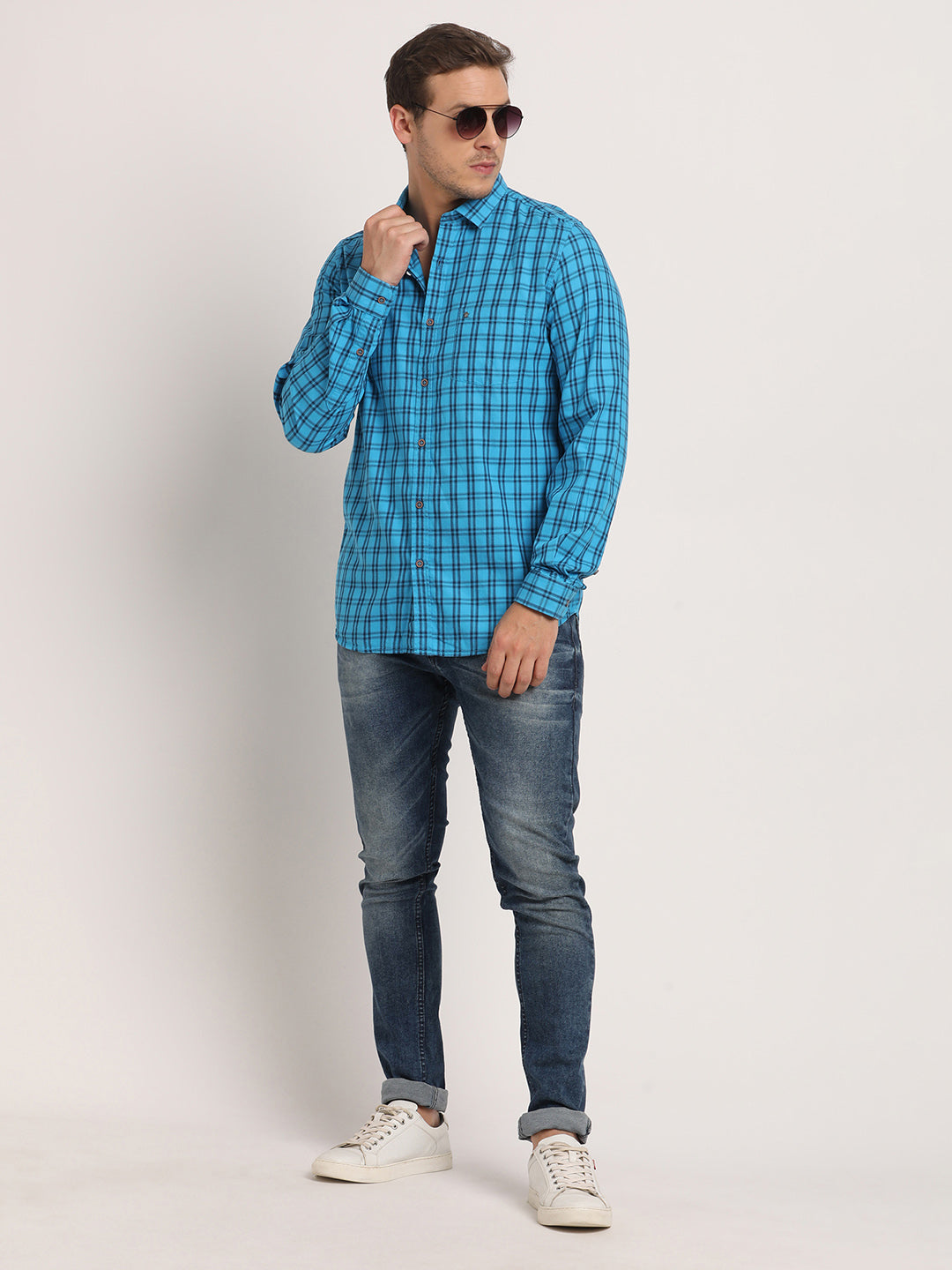 100% Cotton Sky Blue Checkered Slim Fit Full Sleeve Casual Shirt