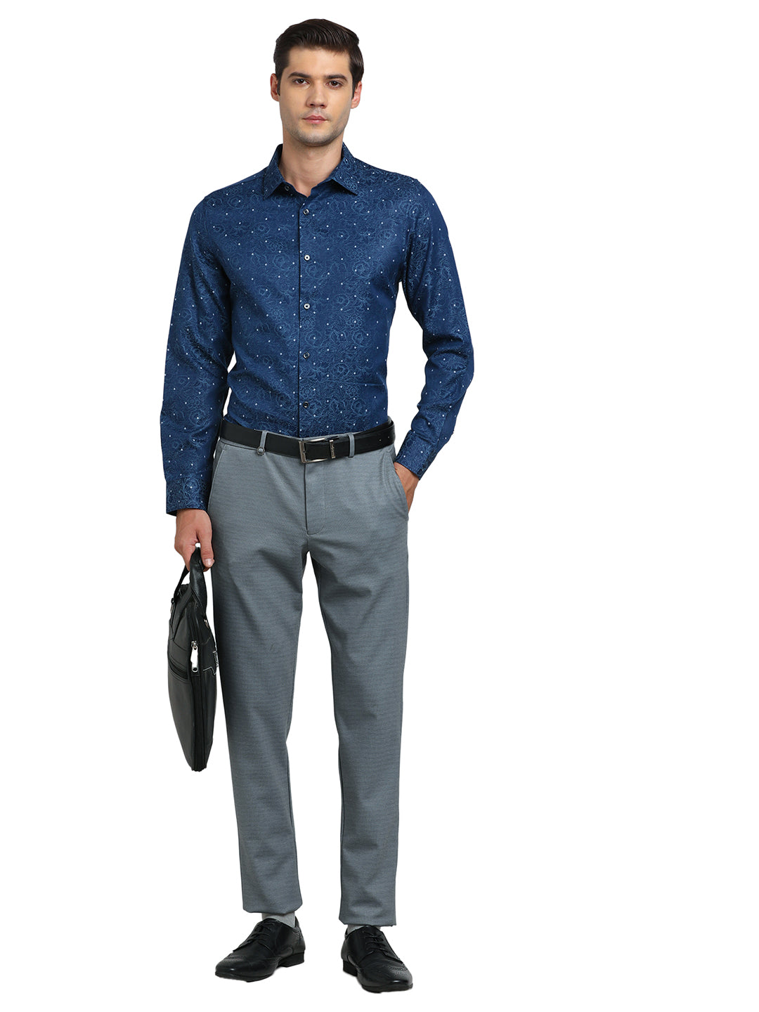 Poly Cotton Blue Jacquard Slim Fit Full Sleeve Ceremonial Shirt