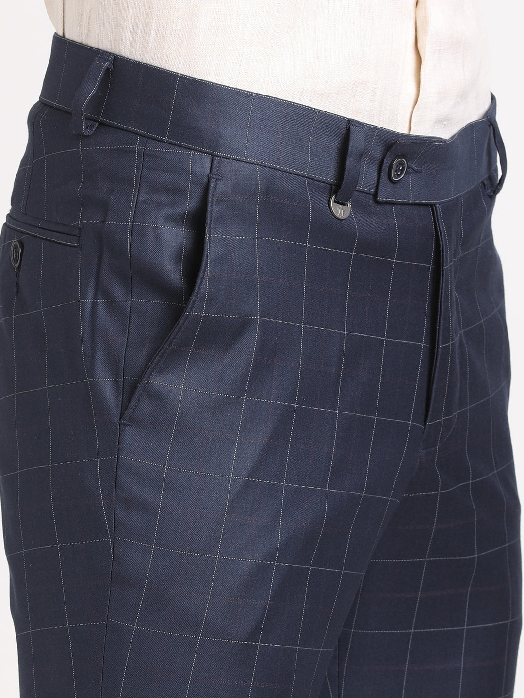 Terry Rayon Navy Blue Checkered Slim Fit Flat Front Formal Trouser