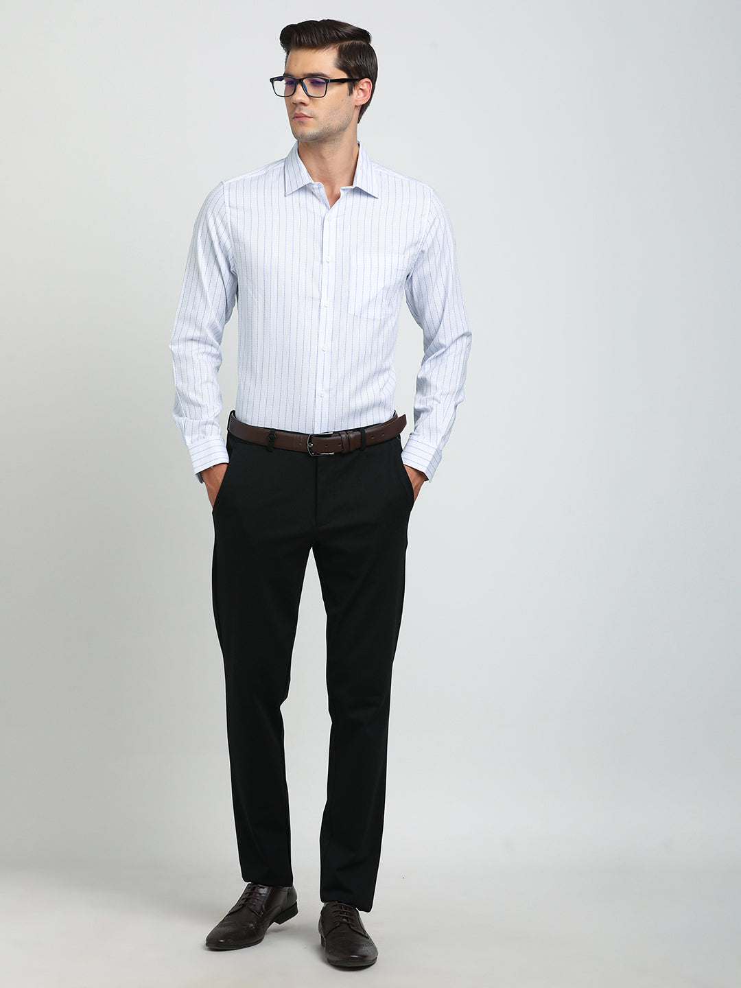 100% Cotton White Striped Slim Fit Full Sleeve Formal Shirt