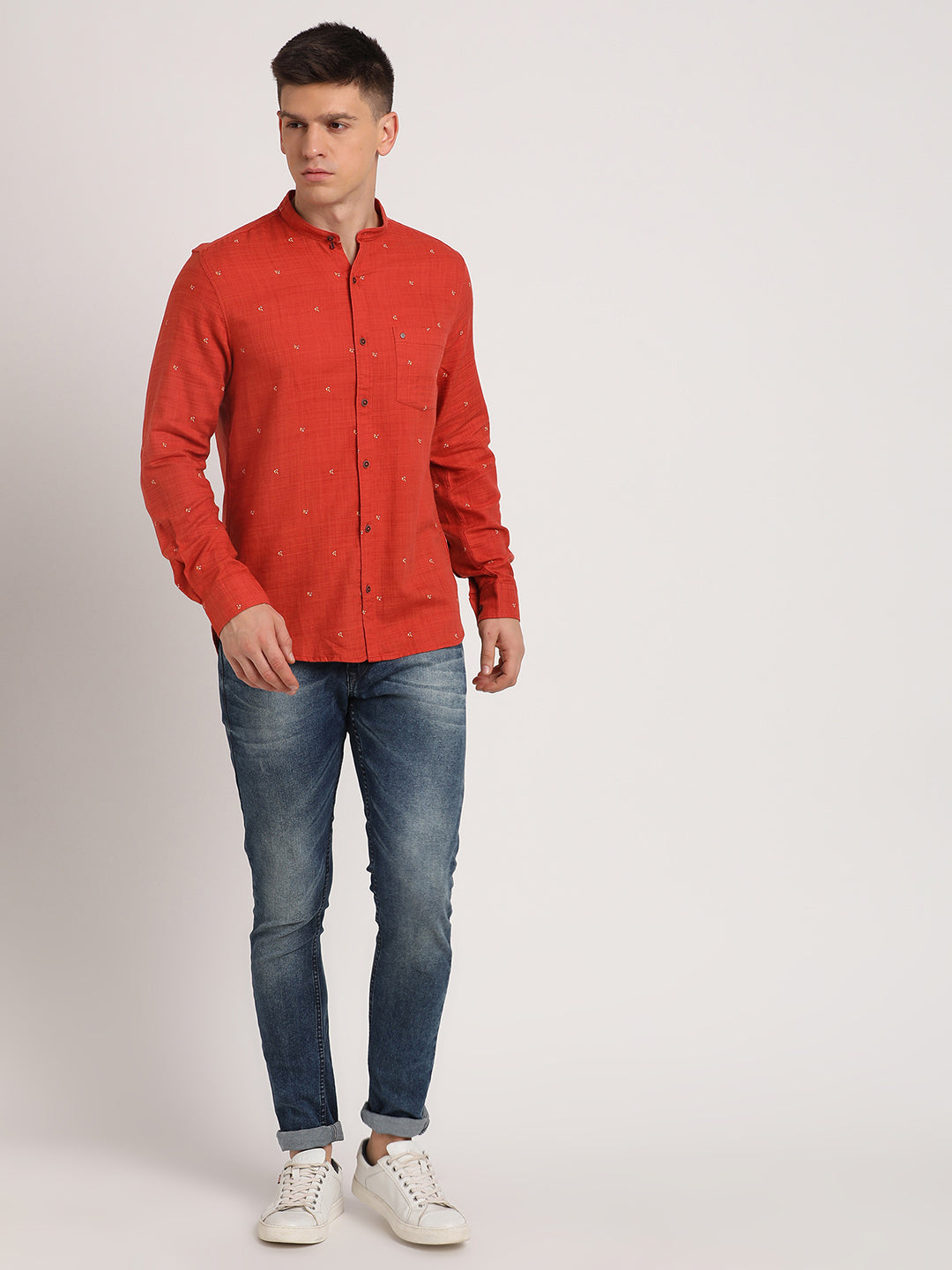 Cotton Lyocell Orange Printed Slim Fit Mandarin Collar Casual Shirt