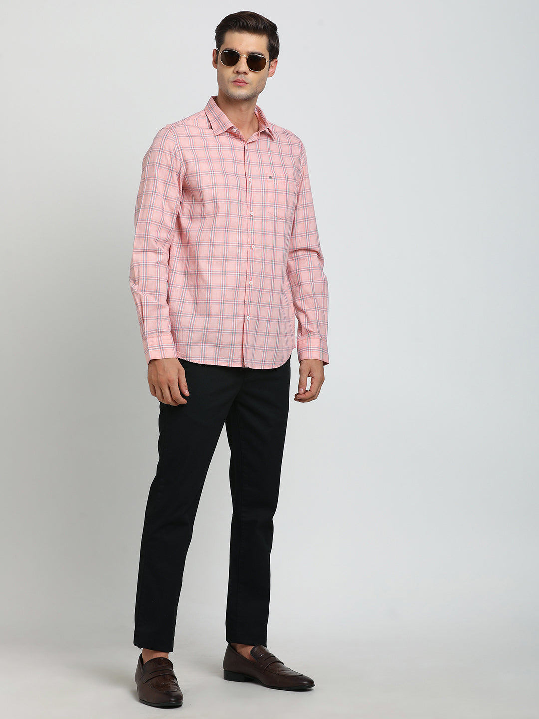 100% Cotton Pink Checkered Slim Fit Full Sleeve Casual Shirt