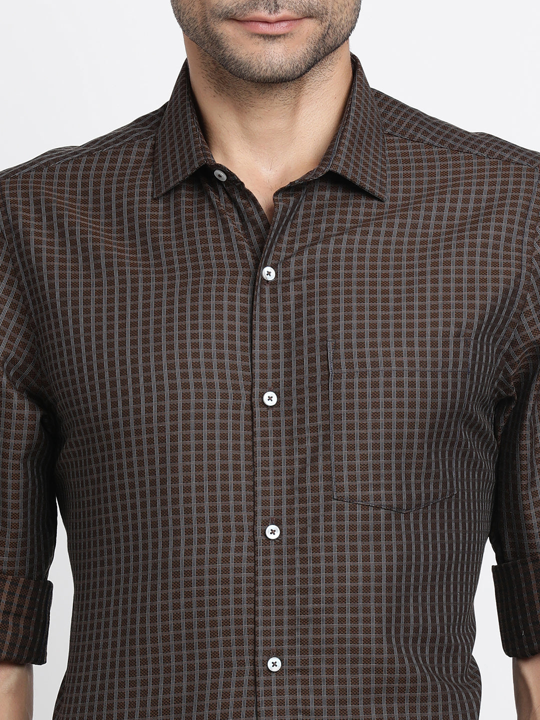 Giza Cotton Brown Checkered Slim Fit Full Sleeve Formal Shirt