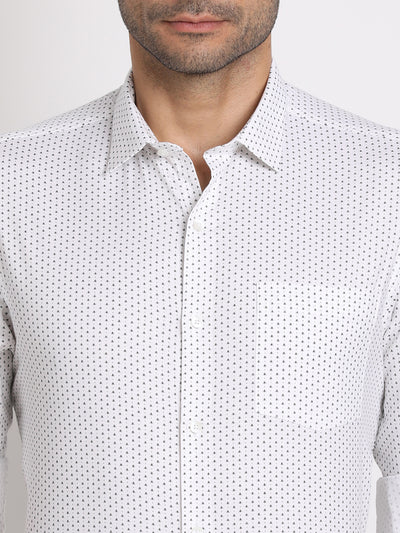 Cotton Tencel White Printed Slim Fit Full Sleeve Formal Shirt