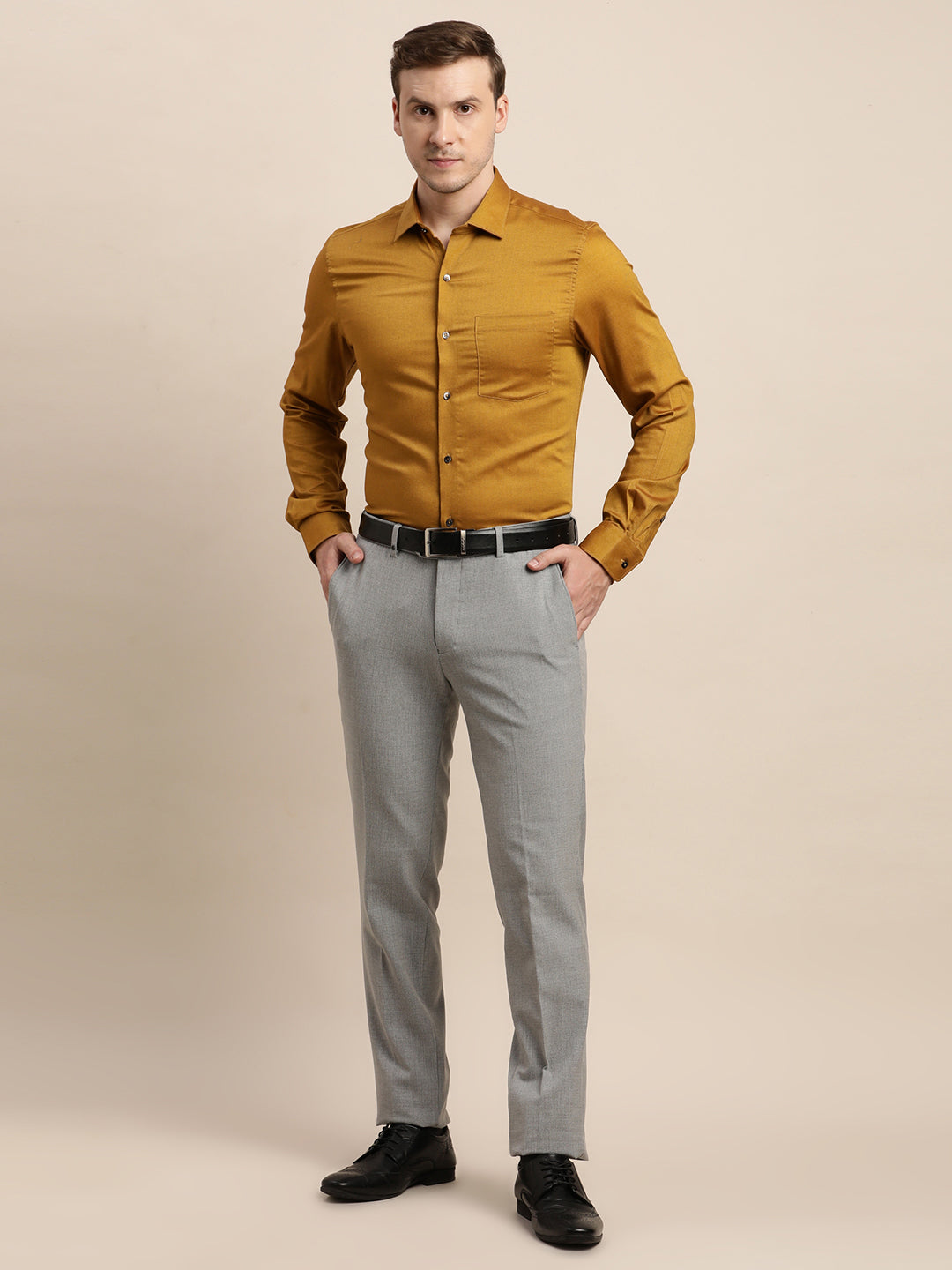 100% Cotton Mustard Dobby Slim Fit Full Sleeve Formal Shirt