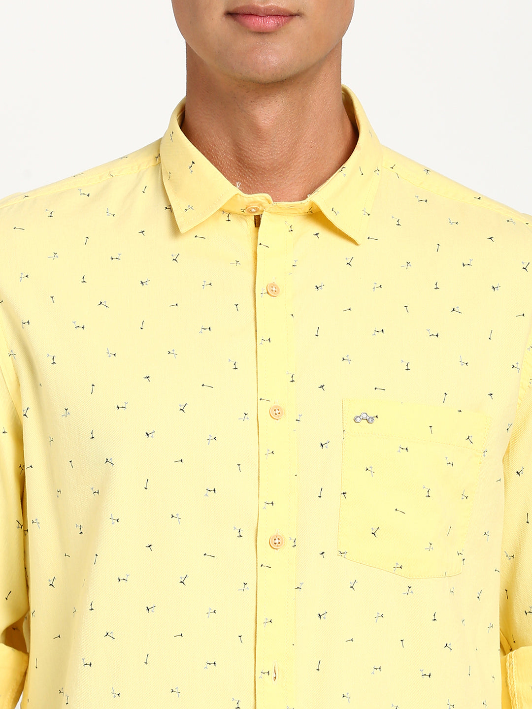 Cotton Tencel Yellow Printed Slim Fit Full Sleeve Casual Shirt